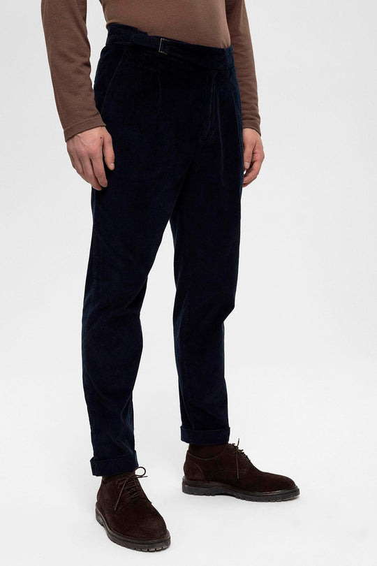 Men's Navy Blue High Waist Double Leg Velvet  Trousers - Wessi
