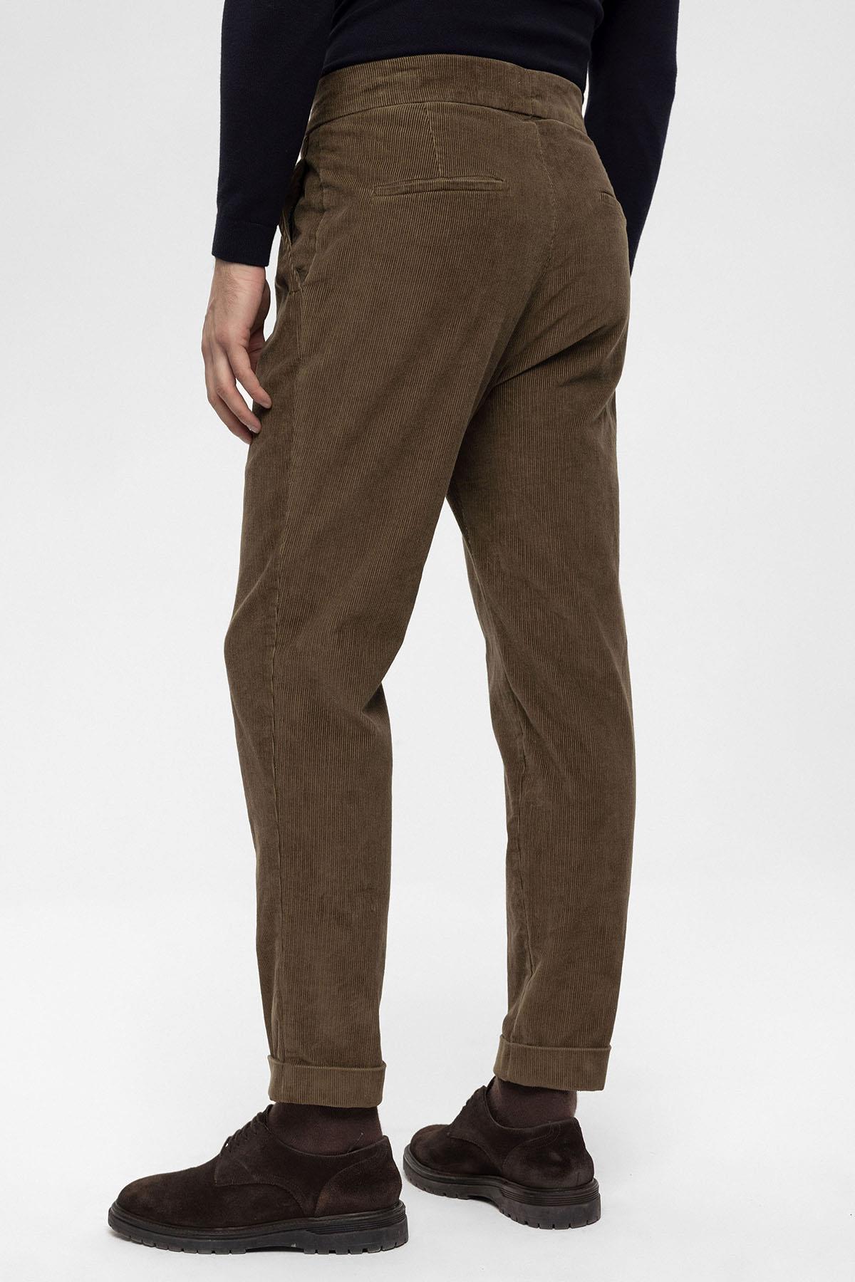 Men's Milky Brown High Waist Double Leg Velvet Trousers - Wessi