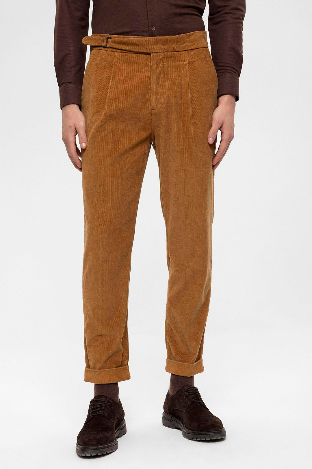 Men's Light Tan High Waist Double Leg Velvet  Trousers - Wessi