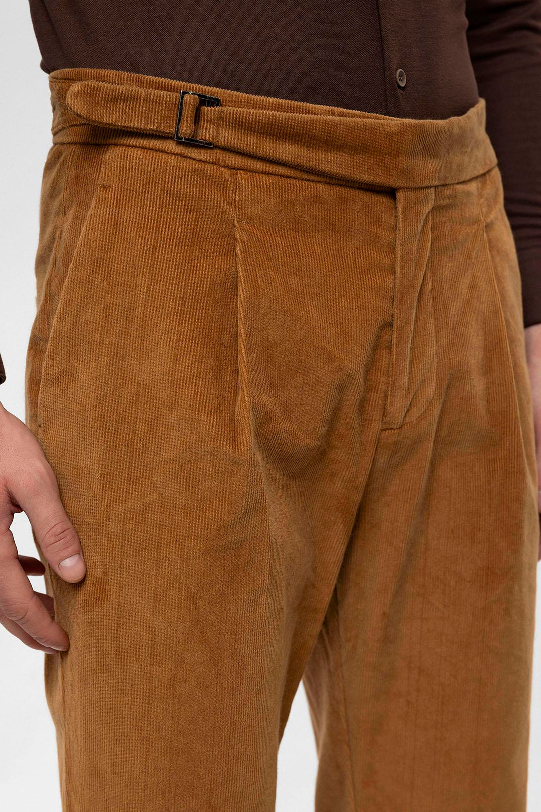 Men's Light Tan High Waist Double Leg Velvet  Trousers - Wessi