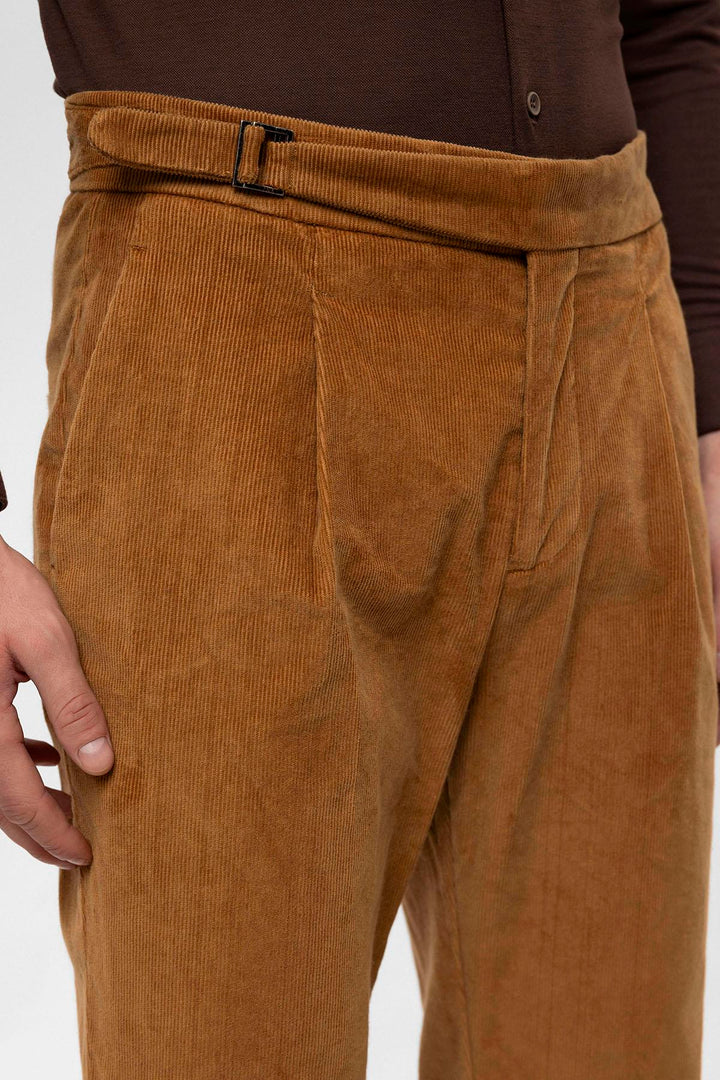 Men's Light Tan High Waist Double Leg Velvet  Trousers - Wessi