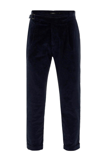 Men's Navy Blue High Waist Double Leg Velvet  Trousers - Wessi