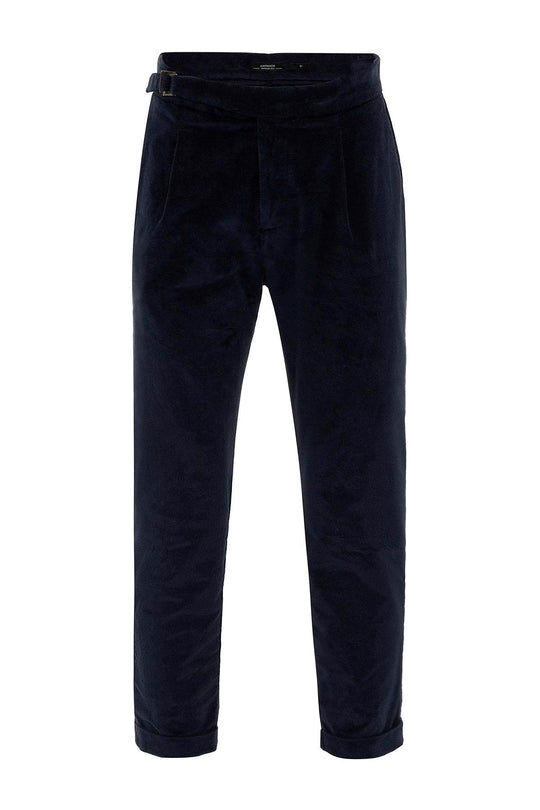 Men's Navy Blue High Waist Double Leg Velvet  Trousers - Wessi