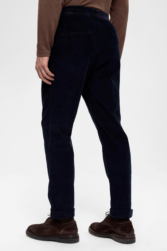 Men's Navy Blue High Waist Double Leg Velvet  Trousers - Wessi