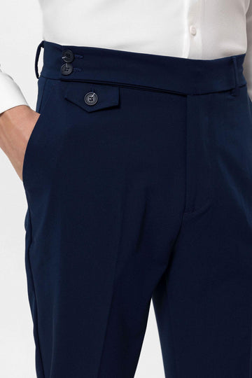 Men's Navy Blue High Waist Button Closure  Trousers - Wessi