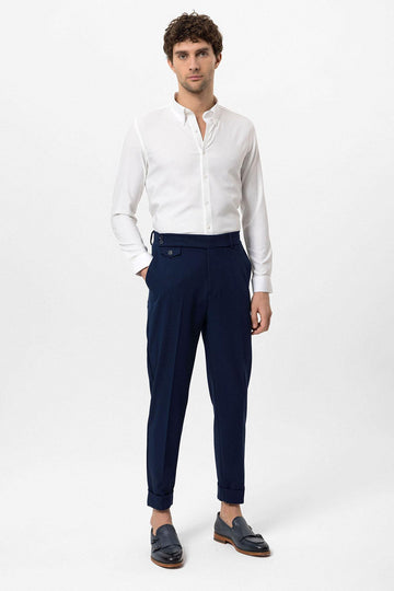 Men's Navy Blue High Waist Button Closure  Trousers - Wessi