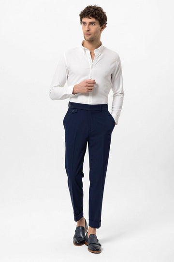 Men's Navy Blue High Waist Button Closure  Trousers - Wessi