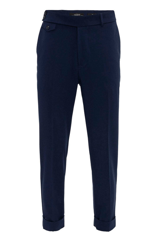 Men's Navy Blue High Waist Button Closure  Trousers - Wessi