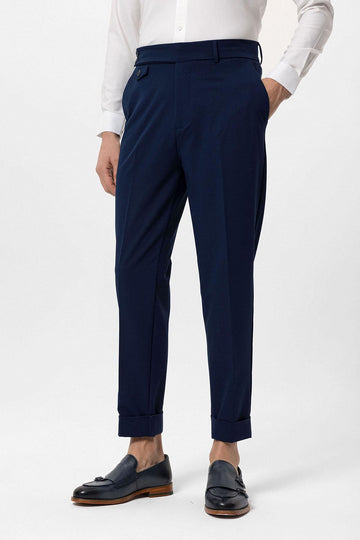 Men's Navy Blue High Waist Button Closure  Trousers - Wessi