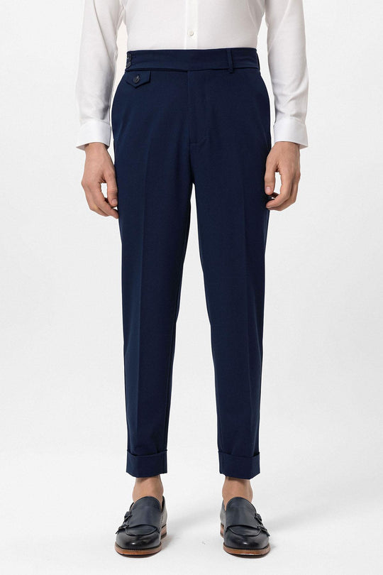 Men's Navy Blue High Waist Button Closure  Trousers - Wessi
