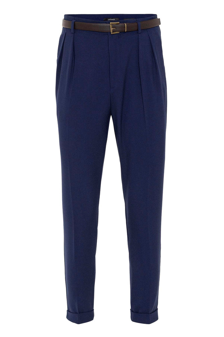 Men's Light Navy Blue High Waist Belted Trousers - Wessi