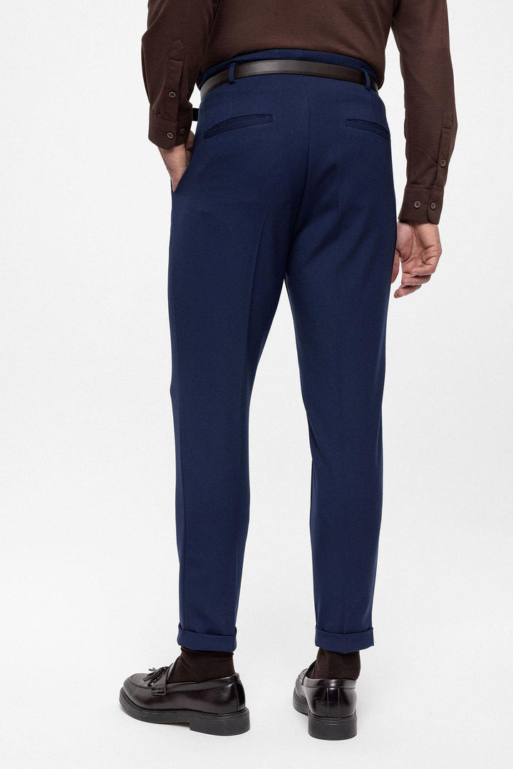 Men's Light Navy Blue High Waist Belted Trousers - Wessi