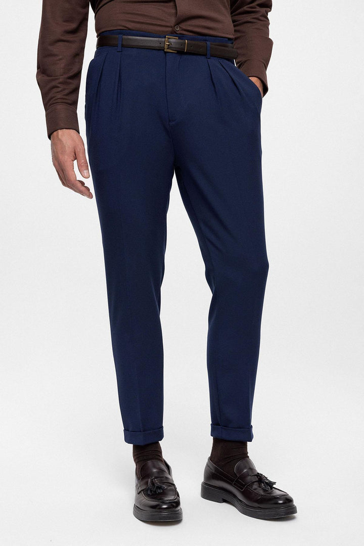 Men's Light Navy Blue High Waist Belted Trousers - Wessi