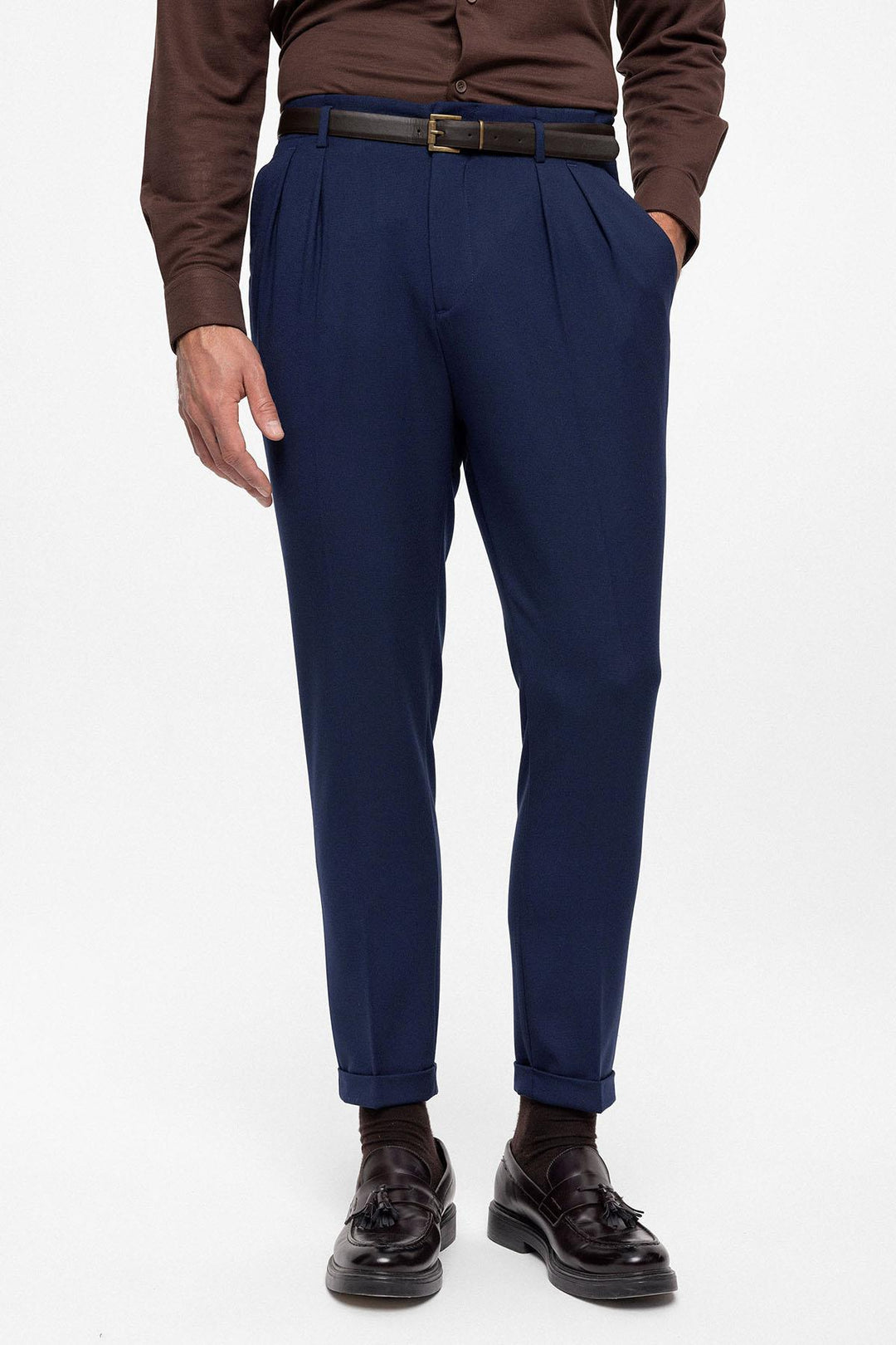 Men's Light Navy Blue High Waist Belted Trousers - Wessi