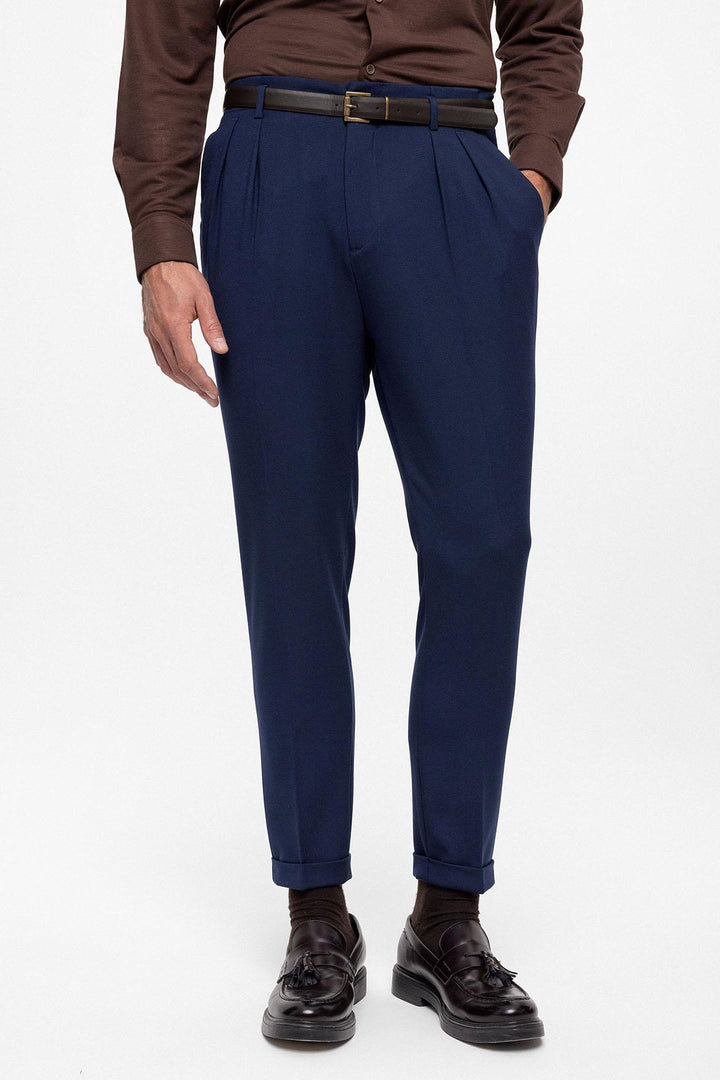 Men's Light Navy Blue High Waist Belted Trousers - Wessi
