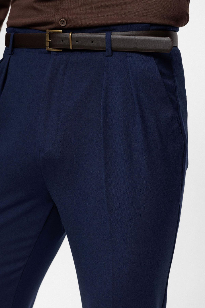Men's Light Navy Blue High Waist Belted Trousers - Wessi