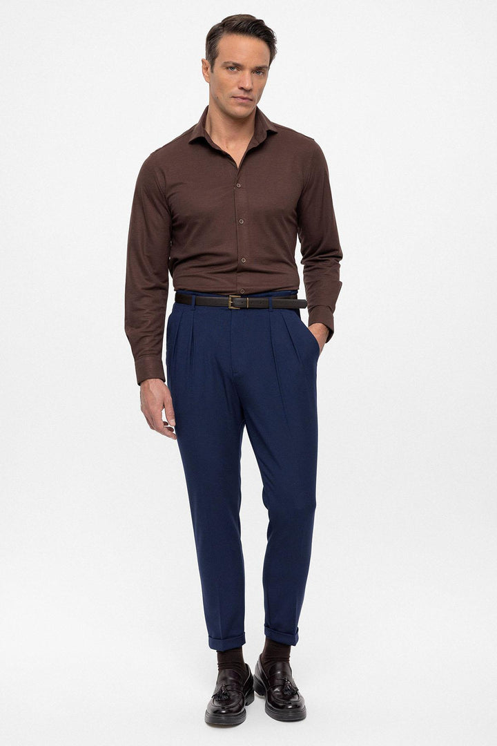 Men's Light Navy Blue High Waist Belted Trousers - Wessi