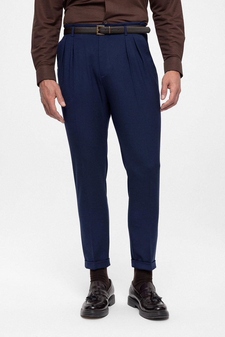 Men's Light Navy Blue High Waist Belted Trousers - Wessi
