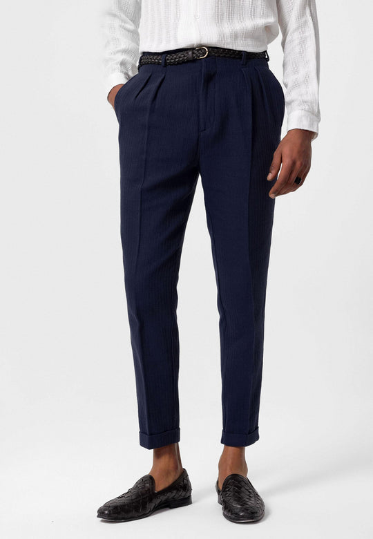 Men's Navy Blue High-Waist Belted Pleated Pants - Wessi – Wessi