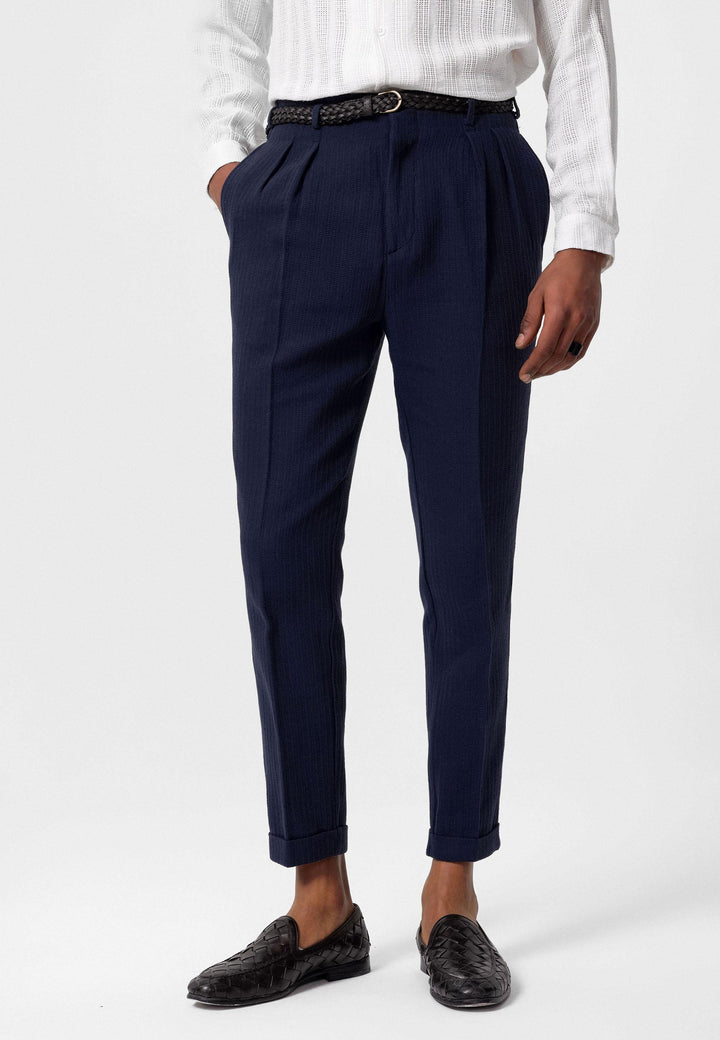 Men's Navy Blue High-Waist Belted Pleated Pants - Wessi