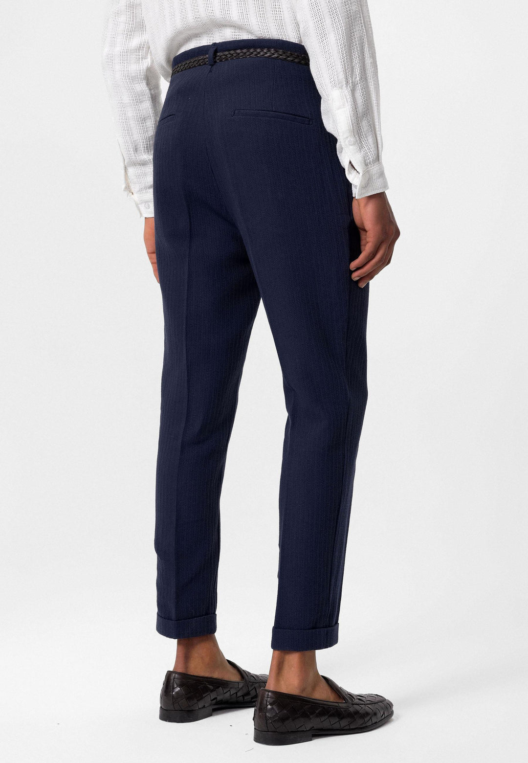 Men's Navy Blue High-Waist Belted Pleated Pants - Wessi