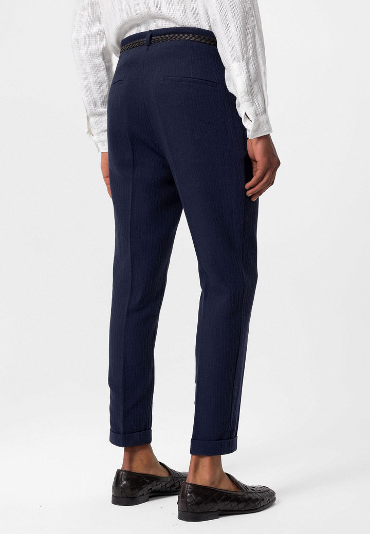 Men's Navy Blue High-Waist Belted Pleated Pants - Wessi