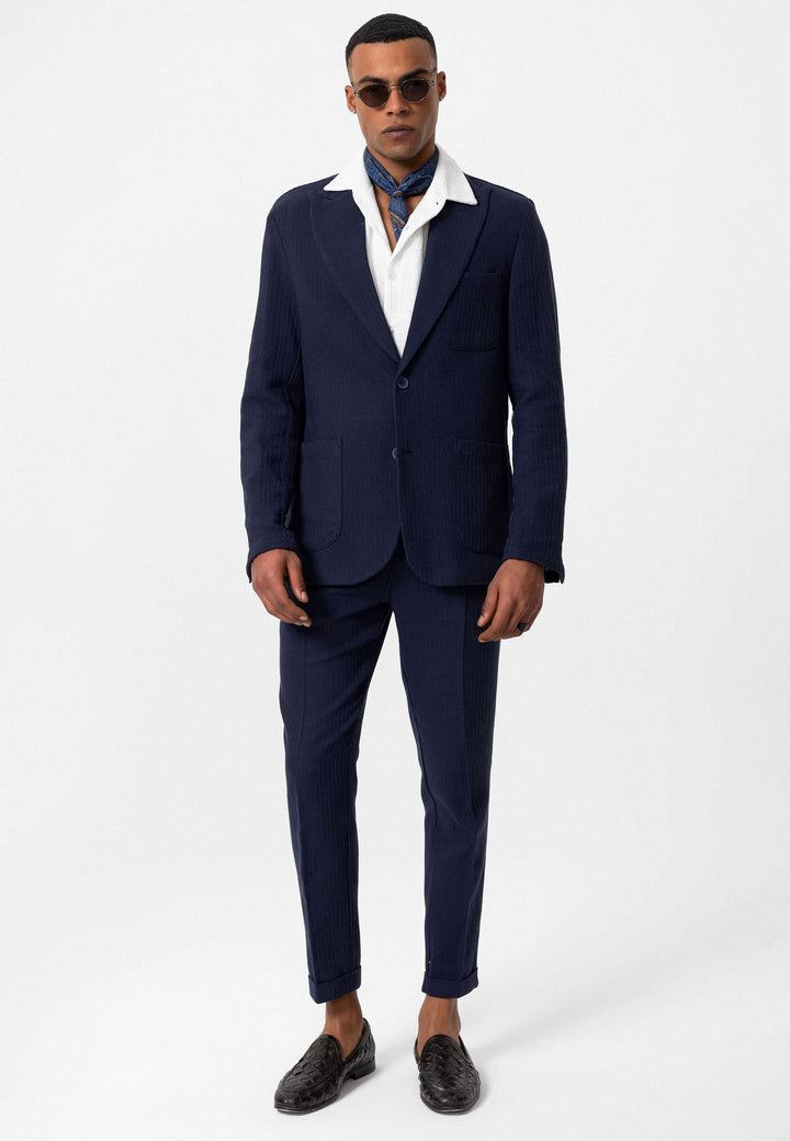 Men's Navy Blue High-Waist Belted Pleated Pants - Wessi