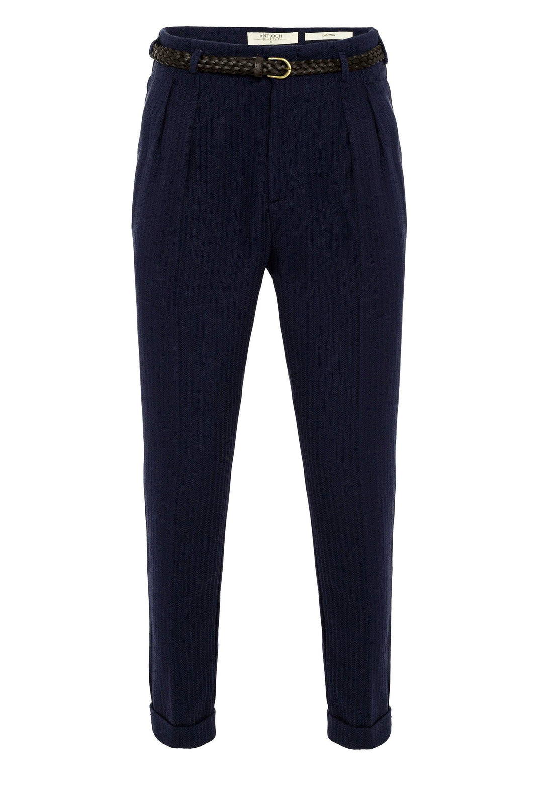 Men's Navy Blue High-Waist Belted Pleated Pants - Wessi