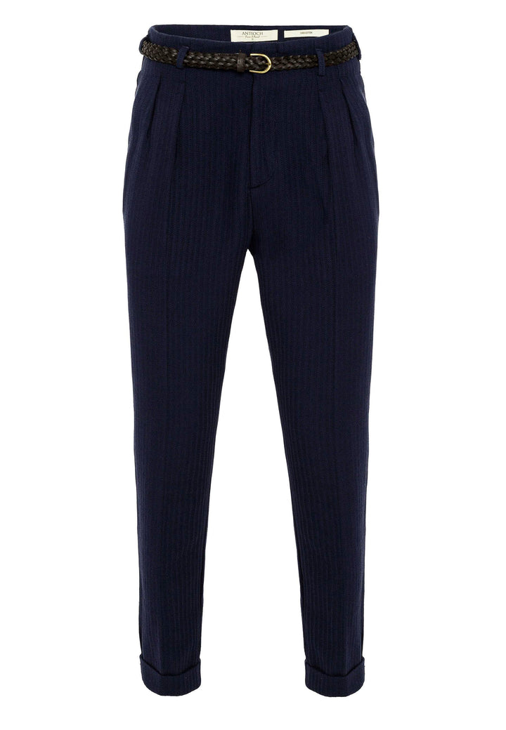 Men's Navy Blue High-Waist Belted Pleated Pants - Wessi