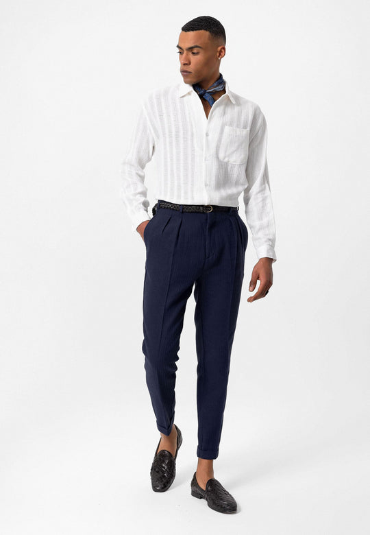 Pantalon Plissé Taille Haute Ceinturé Homme Bleu Marine - Wessi