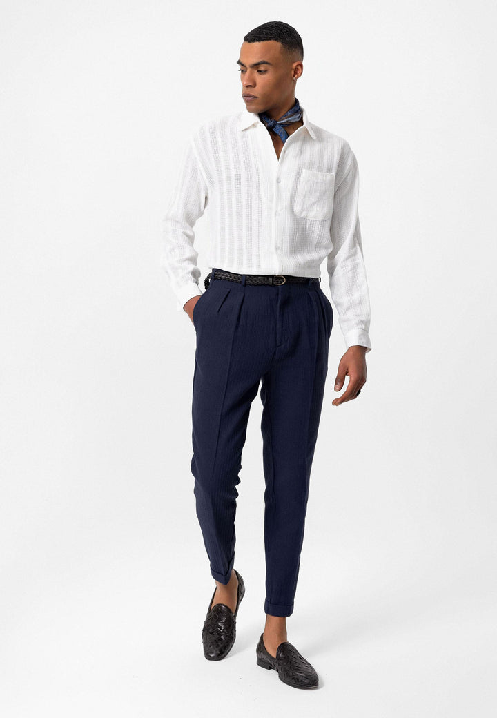 Men's Navy Blue High-Waist Belted Pleated Pants - Wessi