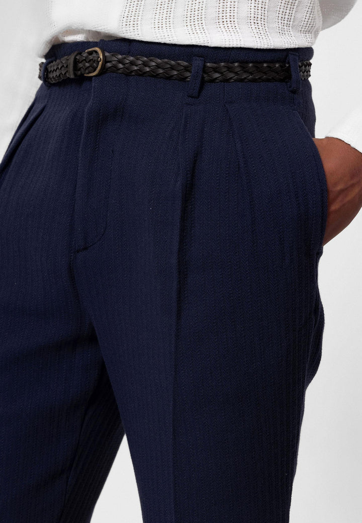 Men's Navy Blue High-Waist Belted Pleated Pants - Wessi