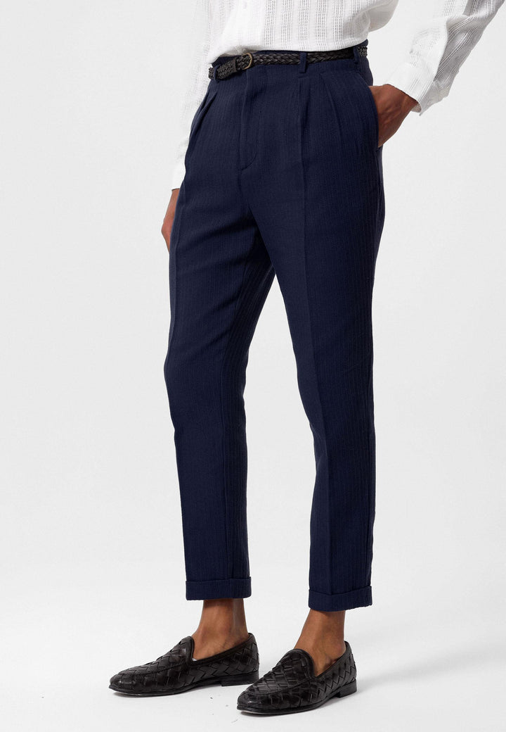 Men's Navy Blue High-Waist Belted Pleated Pants - Wessi