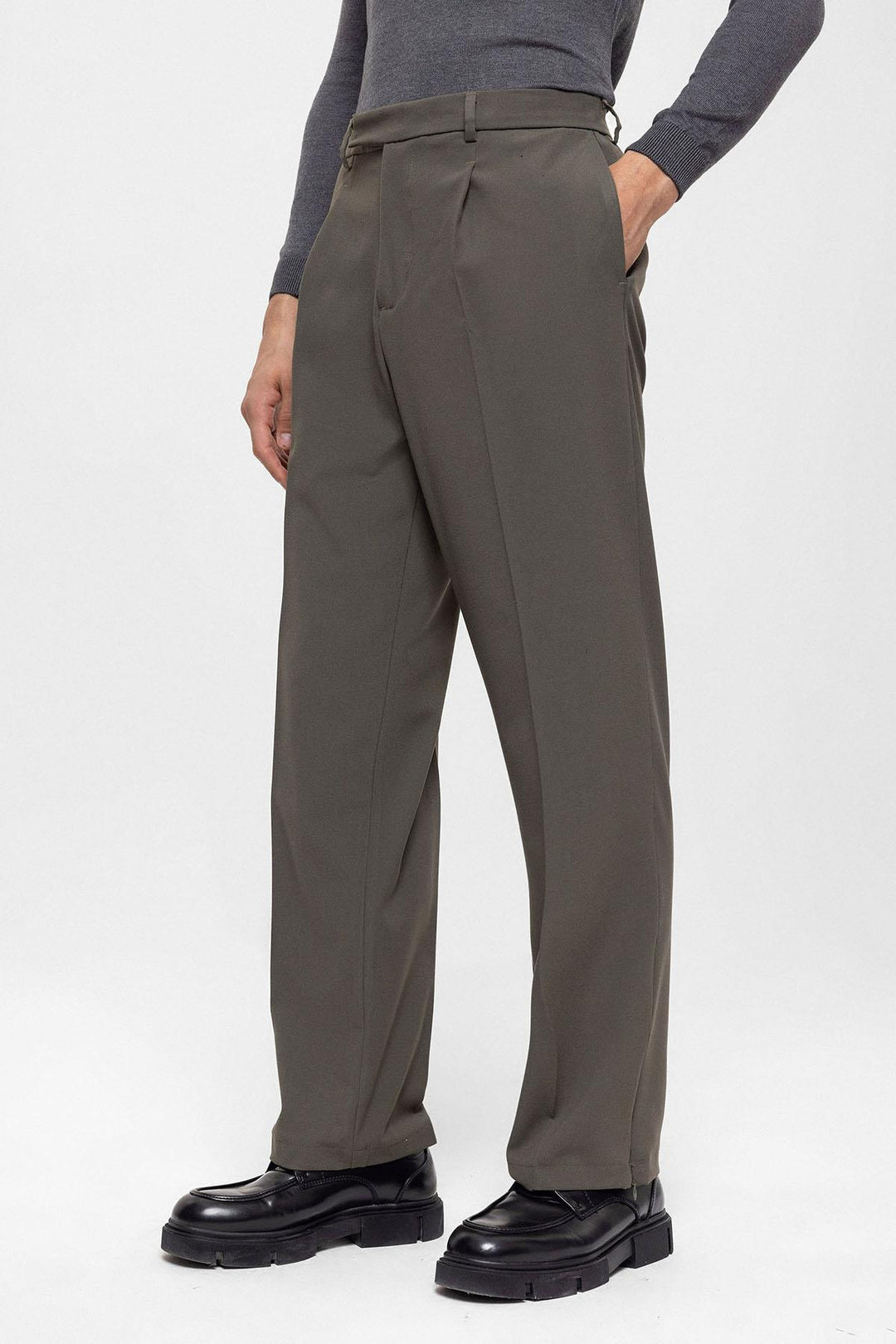 Pantaloni con cerniera a vita alta color kaki scuro da uomo - Wessi