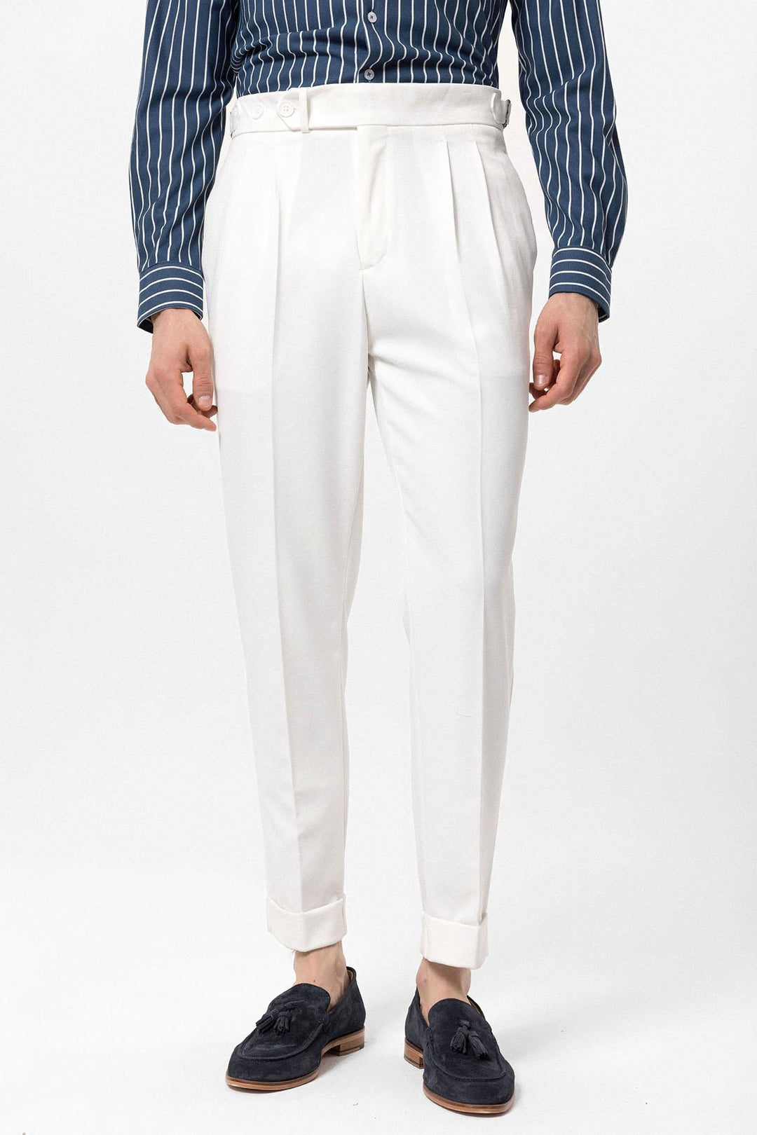 Men's Ecru High Waist Pleated Carrot Fit  Trousers - Wessi
