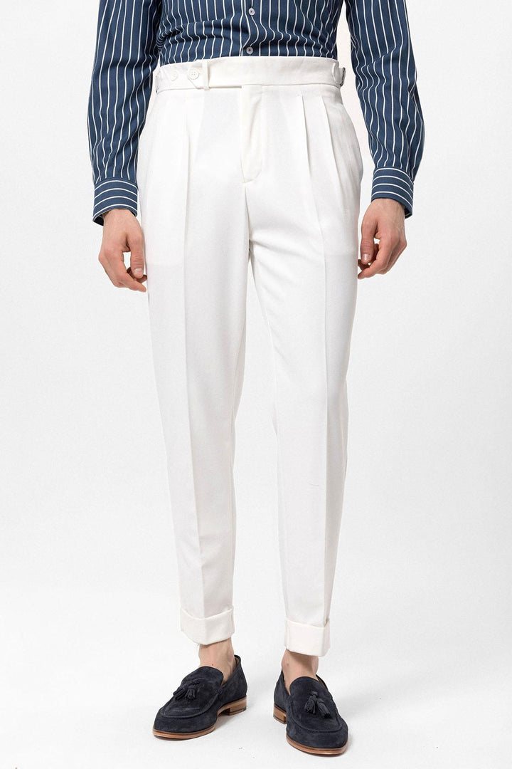 Men's Ecru High Waist Pleated Carrot Fit  Trousers - Wessi