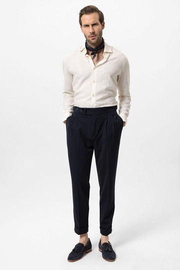 Men's Navy Blue High Waist Pleated Carrot Fit  Trousers - Wessi
