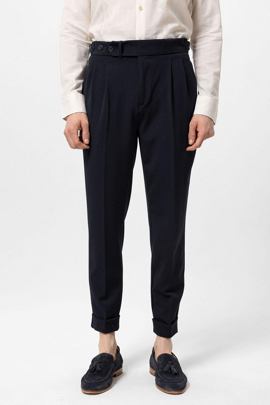 Pantalon Homme Bleu Marine Taille Haute Plissé Coupe Carotte - Wessi