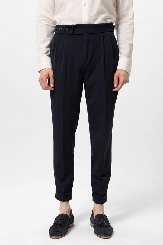 Men's Navy Blue High Waist Pleated Carrot Fit Trousers - Wessi – Wessi