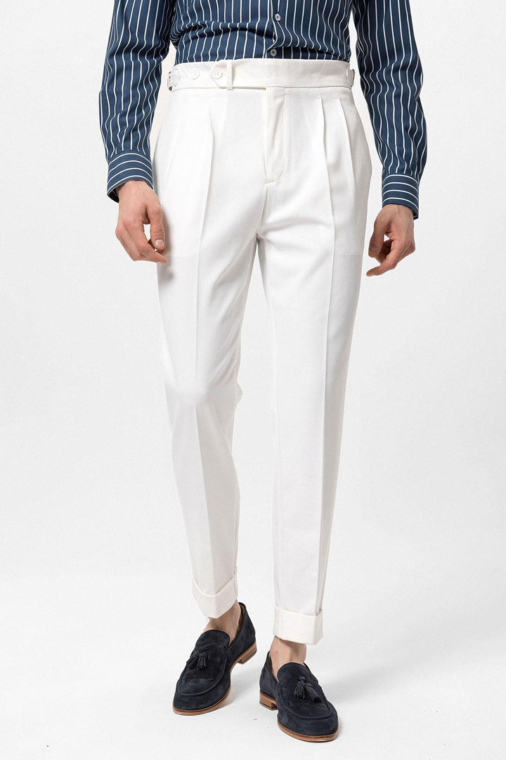 Men's Ecru High Waist Pleated Carrot Fit  Trousers - Wessi