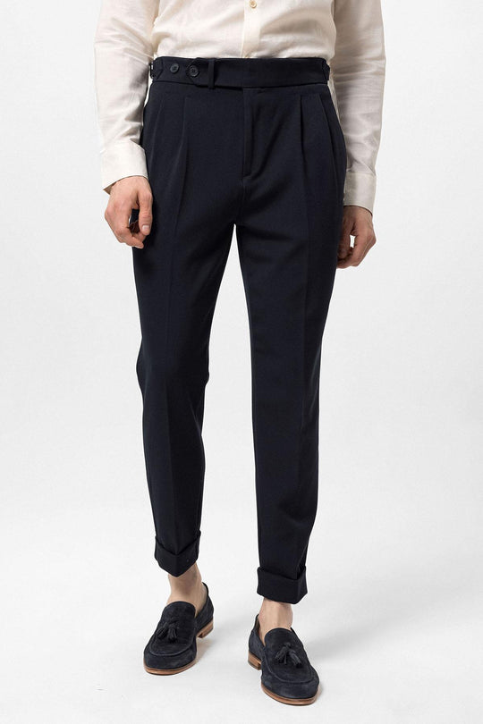 Men's Navy Blue High Waist Pleated Carrot Fit  Trousers - Wessi