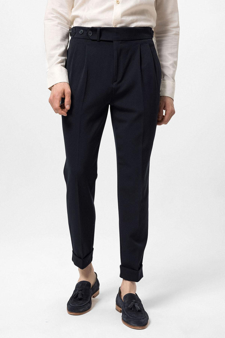 Pantalon Homme Bleu Marine Taille Haute Plissé Coupe Carotte - Wessi