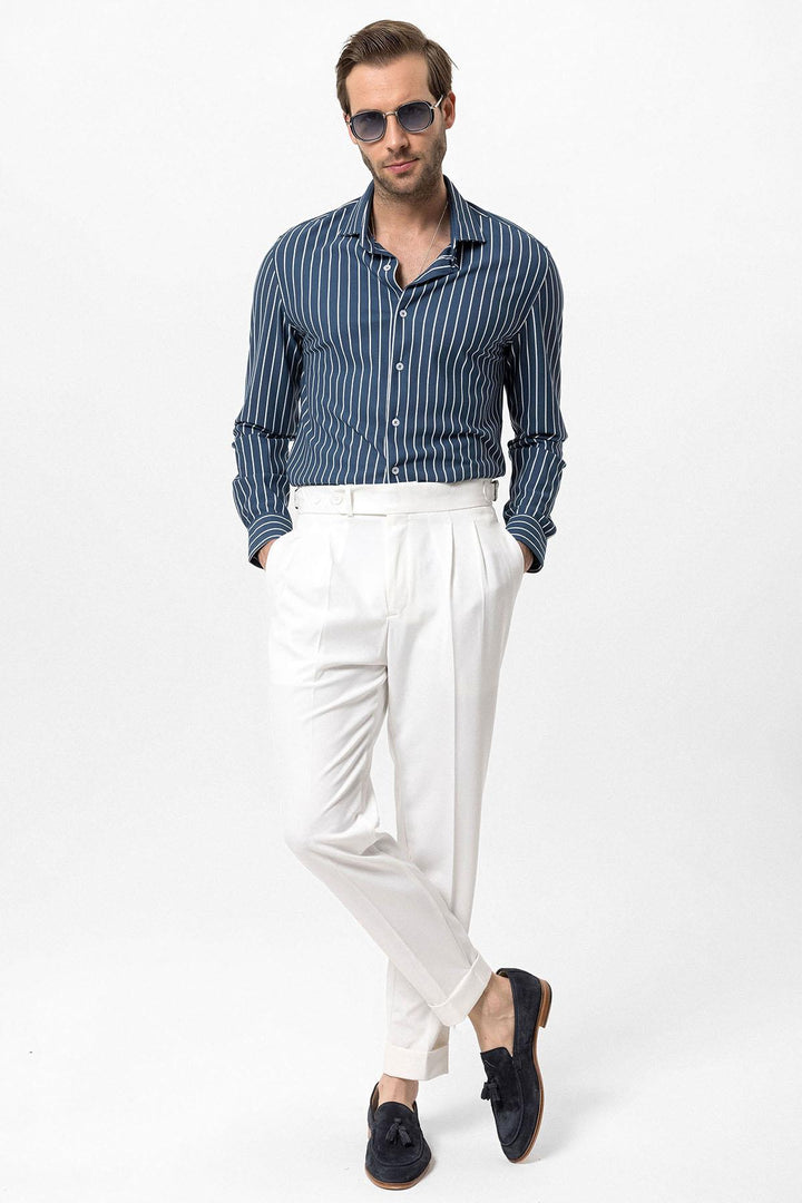 Men's Ecru High Waist Pleated Carrot Fit  Trousers - Wessi