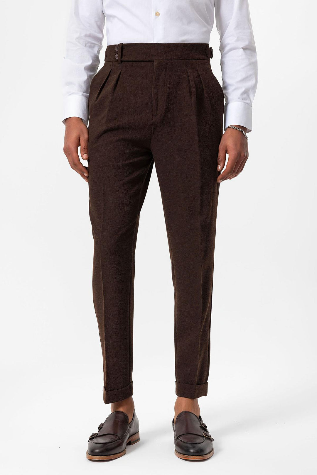 Men's Brown High-Waist Pleated Textured Pants - Wessi