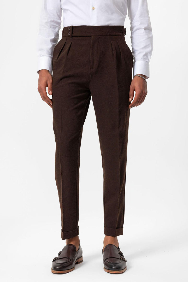 Men's Brown High-Waist Pleated Textured Pants - Wessi