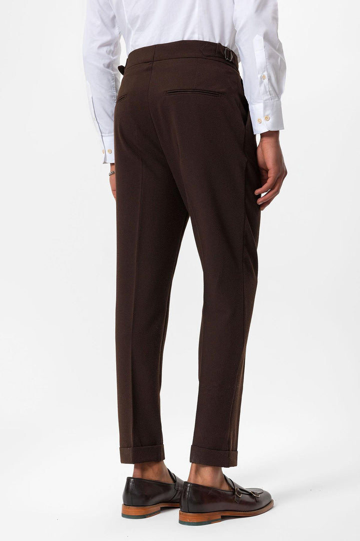Men's Brown High-Waist Pleated Textured Pants - Wessi