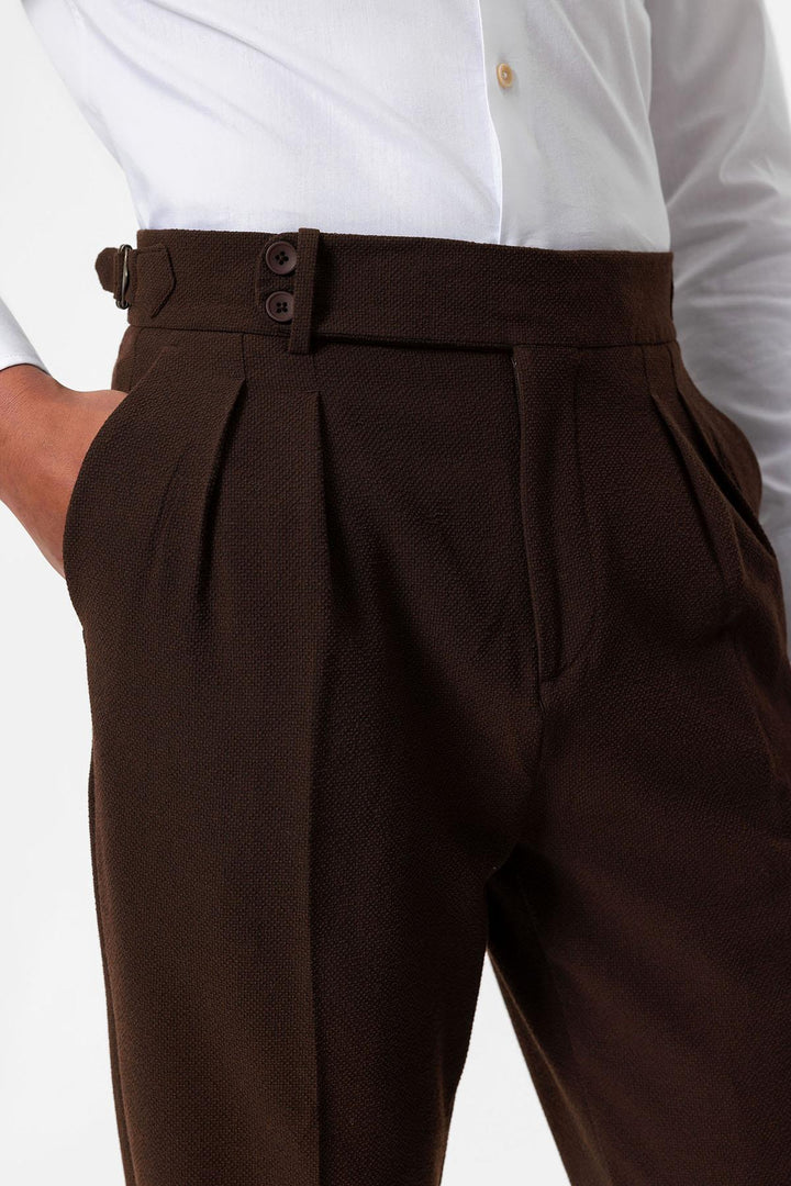 Men's Brown High-Waist Pleated Textured Pants - Wessi