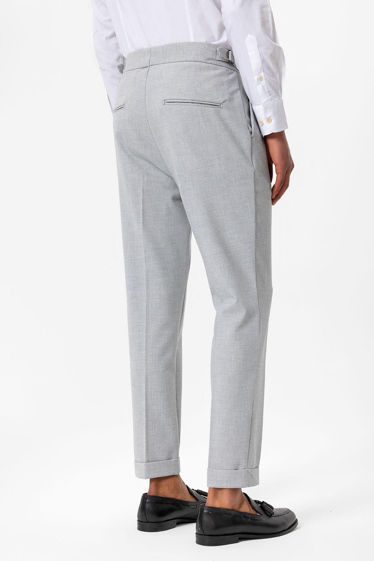 Men's Grey High-Waist Pleated Textured Pants - Wessi