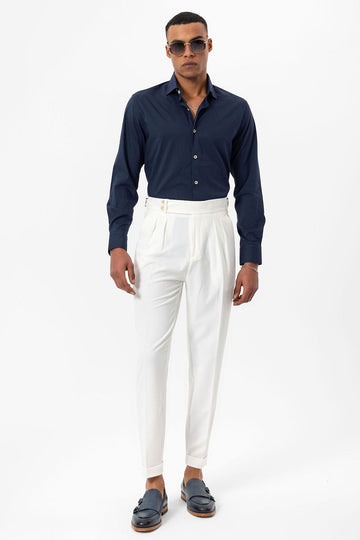 Men's White High-Waist Pleated Textured Pants - Wessi