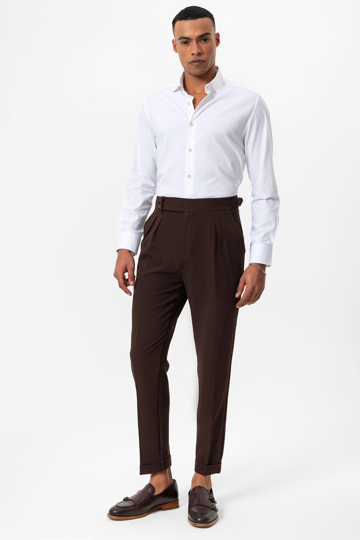 Men's Brown High-Waist Pleated Textured Pants - Wessi